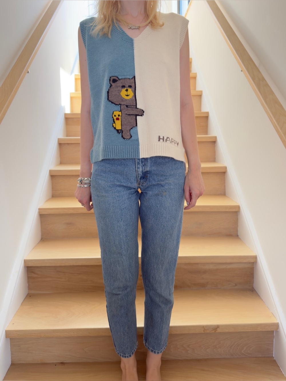 Colorblock Blue & Cream Bear Knit Vest - Women